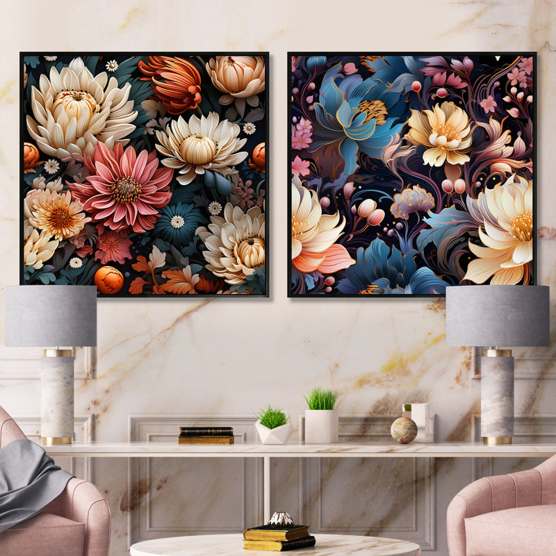 Gorecki - Ensemble de 2 collages floraux carrés, Cadre flottant noir, H 16 po x l 33 po