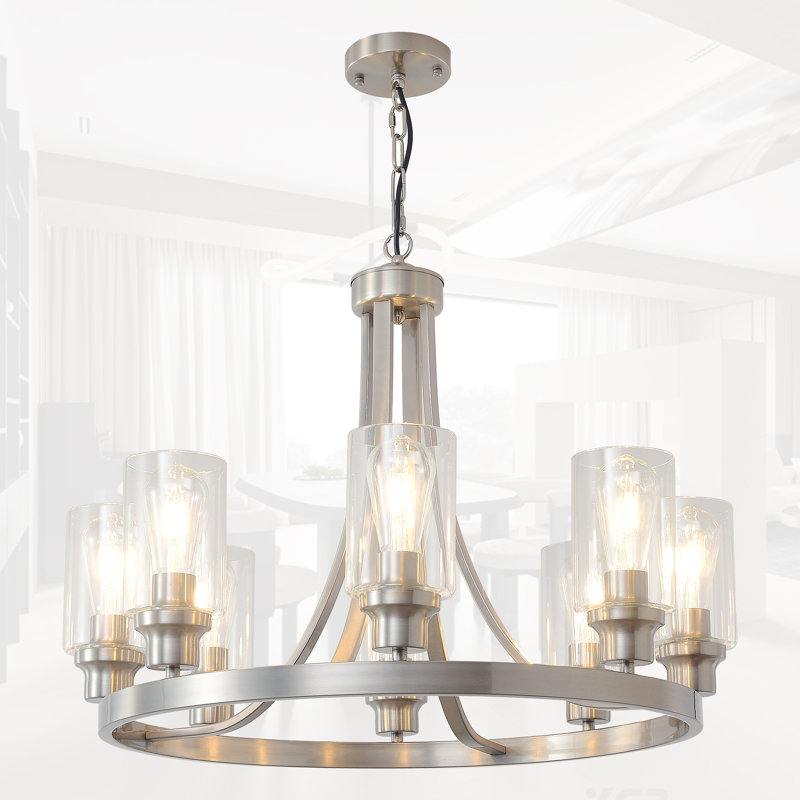 Vedha 8 - Light Dimmable Wagon Wheel Chandelier, Brushed Nickel