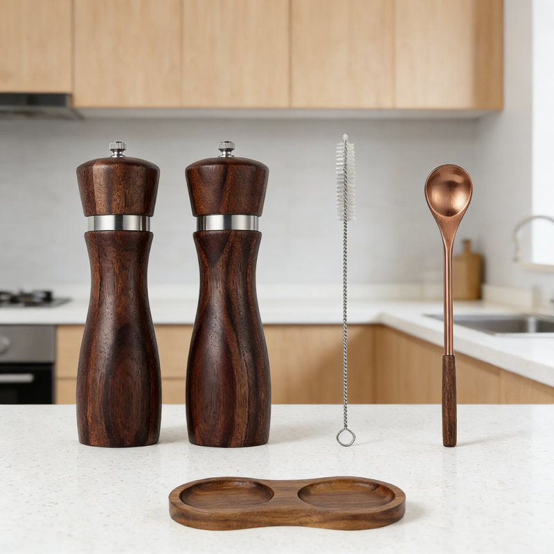 Ensemble de 2 moulins à sel et à poivre en bois d'acacia, avec grosseur réglable, noyau de broyage en céramique et plateau en bois, cuillère et brosse de nettoyage en prime