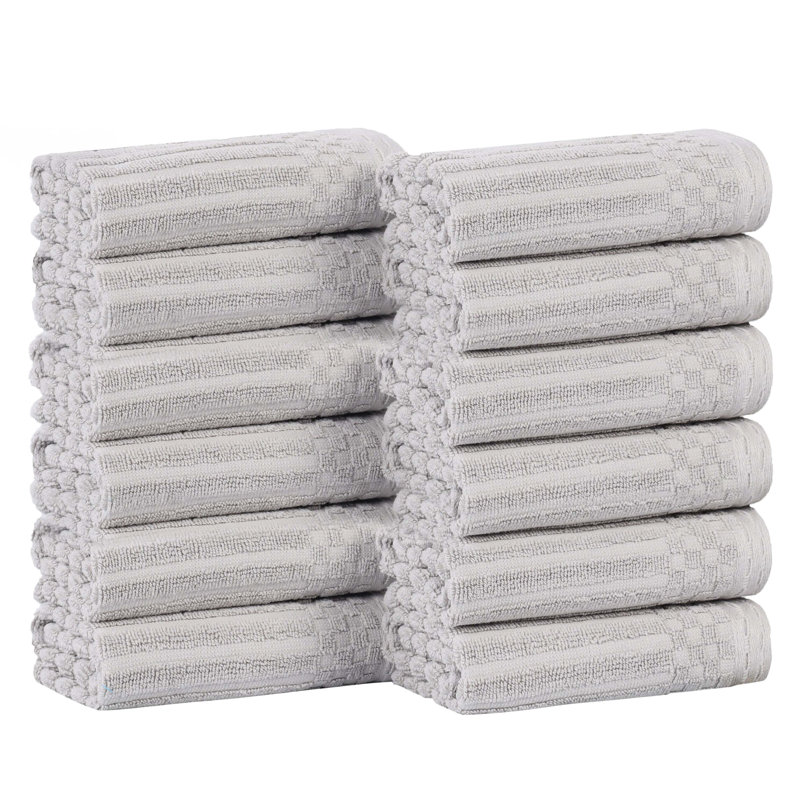 Juras Soho Cotton Ribbed Checkered Border Medium Weight Washcloths Face Towels, Silver