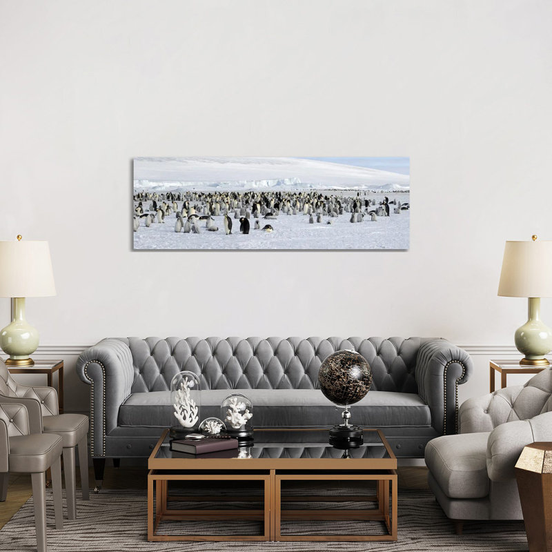 Emperor Penguins Colony At Snow Covered Landscape, Snow Hill Island, Antarctica - Wrapped Canvas Panoramic Print