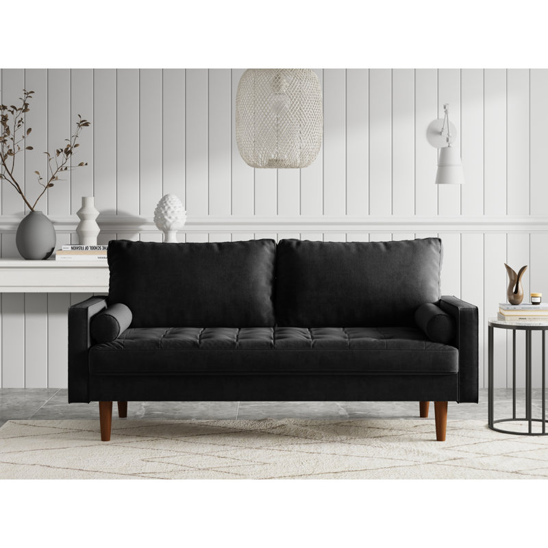 Collington 70" Square Arm Tufted Seat Sofa, Black Polyester