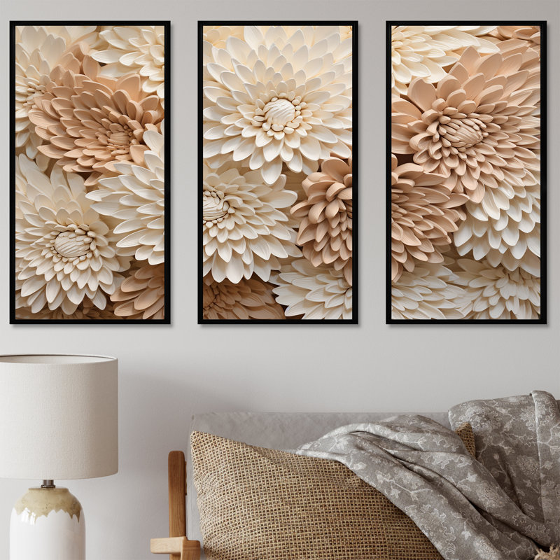 «Pure White Chrysanthemums Mosaic III», ensemble d'art mural sur toile Chrysanthemums, Cadre flottant noir