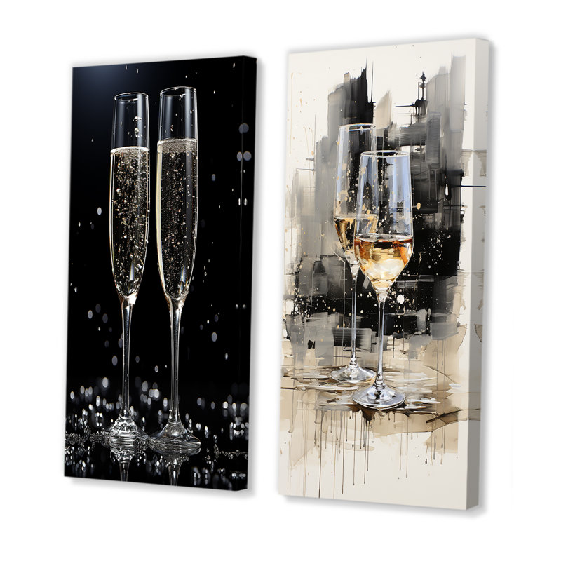 Verre à champagne noir et blanc Essence I - ensemble de 2 impressions sur toile champagne, Toile tendue, H 32 po x l 33 po