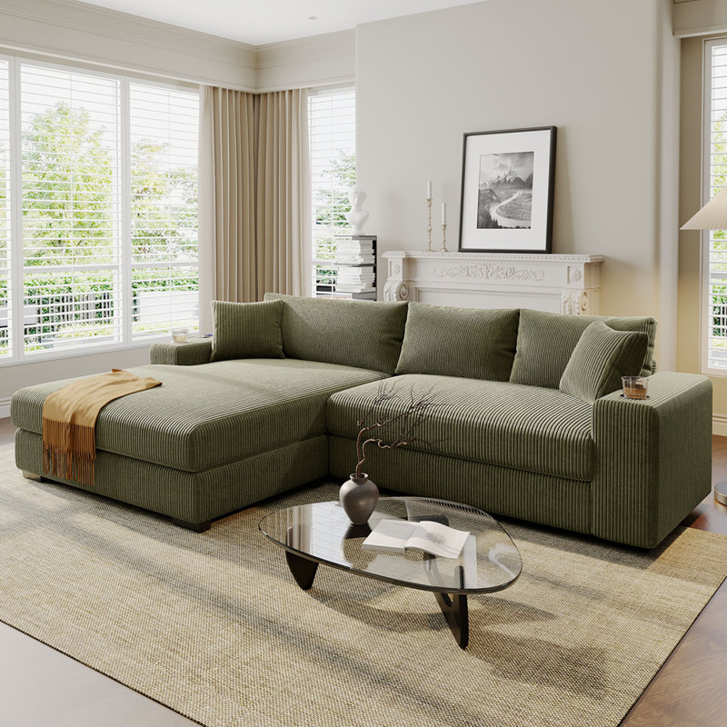 Grand canapé modulaire Mirod avec coussins épais, porte-gobelets et ports de chargement intégrés, Vert