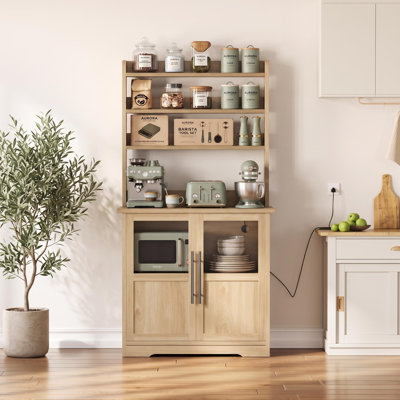 Bagby 30.7" Bakers Rack with 2 Glass Doors, Farmhouse Bakers Rack with Power Outlet, Kitchen Bakers Rack Cabinet with Large Storage