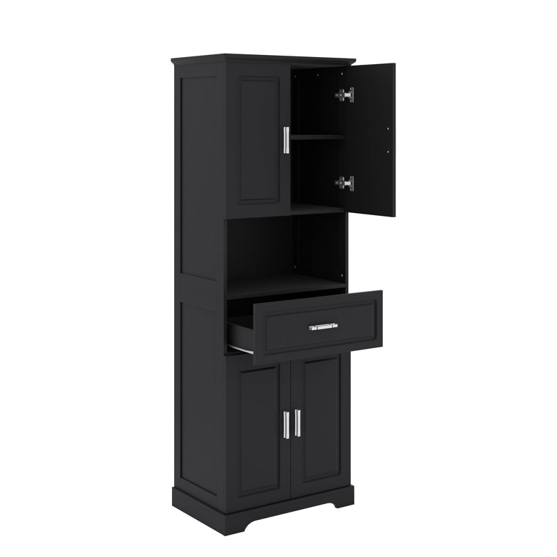 Grande armoire de rangement autoportante avec 4 portes, 1 tablette ouverte et 1 tiroir