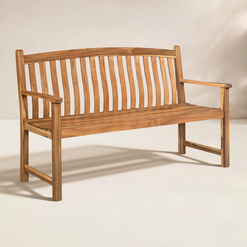 Banc d'extérieur en bois massif avec dossier incurvé et accoudoirs