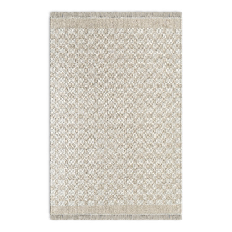 Lavande Checkered Wool Area Rug in Tan/Ivory, Rectangle 5' x 7'6"