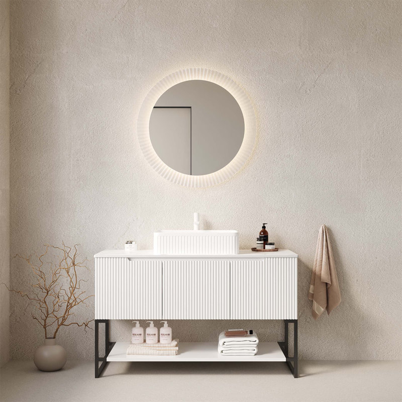 Meuble-lavabo autoportant de 48 pouces avec lavabo vasque, 3 portes, tablette ouverte, lavabo en céramique et comptoir en pierre frittée Carrara