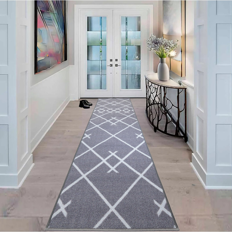 Custom Size Runner Rug Berber Style Trellis Gray Low Pile Slip Resistant Runner Rugs by Feet, Runner 2'2" x 24'