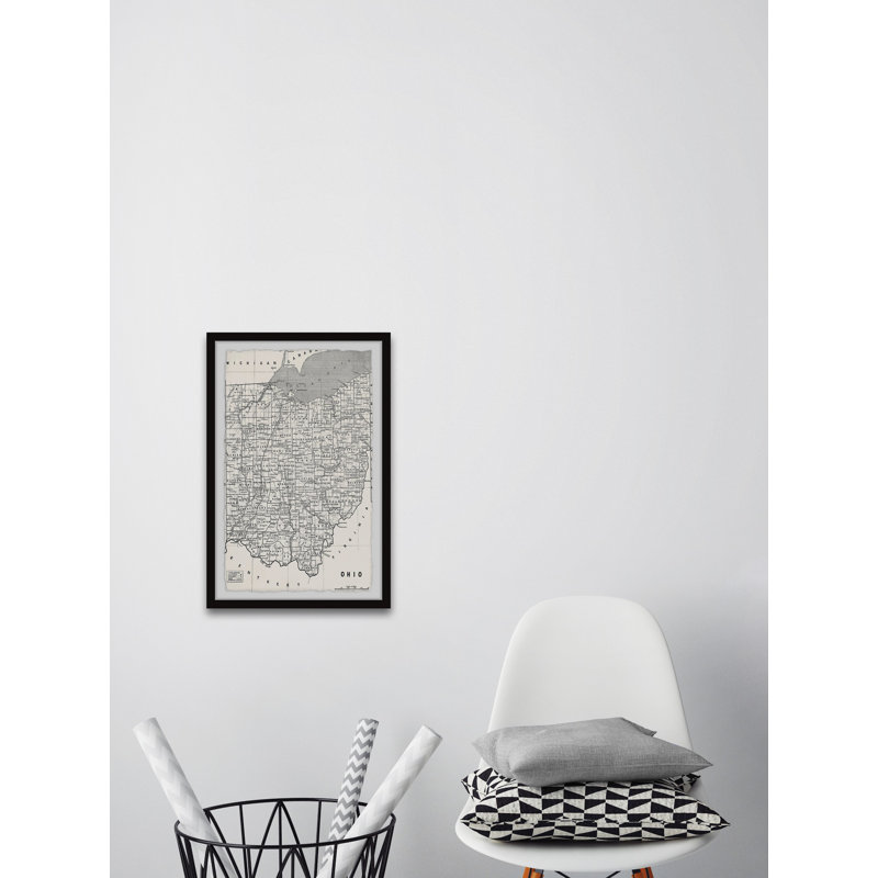 «Map of Ohio Counties» - Impression sur papier encadrée, H 20 po x l 30 po x P 1,5 po
