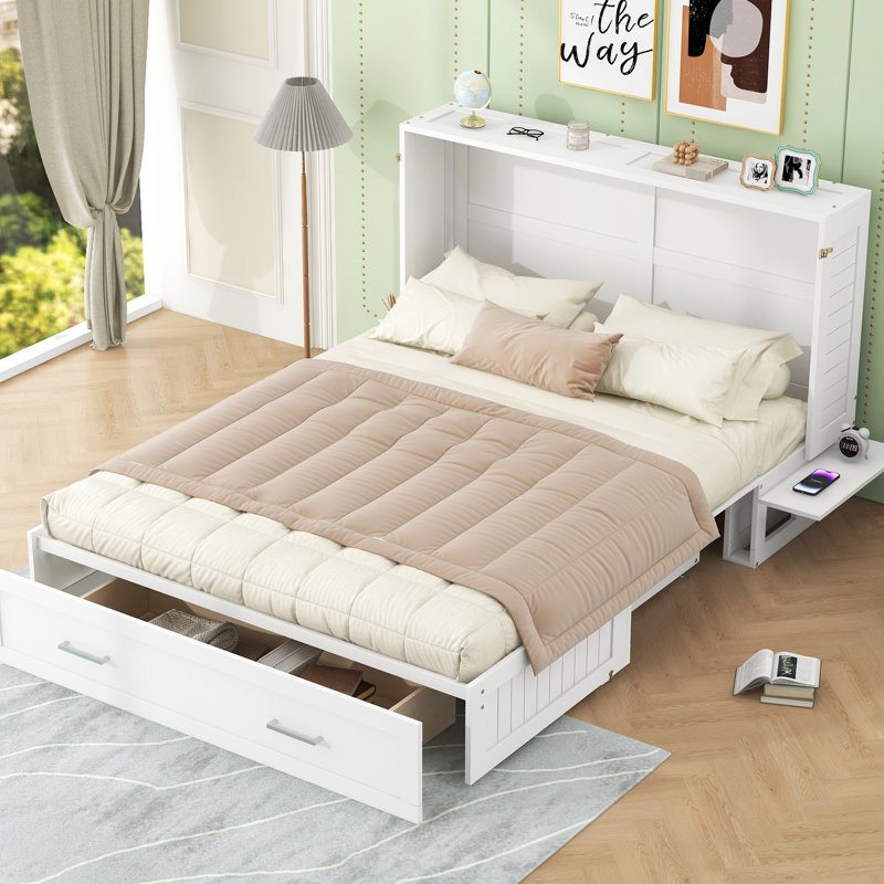Lit blanc pour grand lit avec tiroir de rangement et tablette de taille d'installation, chevet pratique
