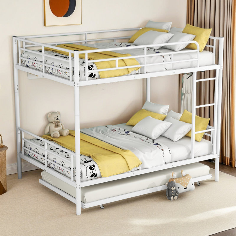 Lit double superposé au dessus d'un lit double avec gigogne, Blanc