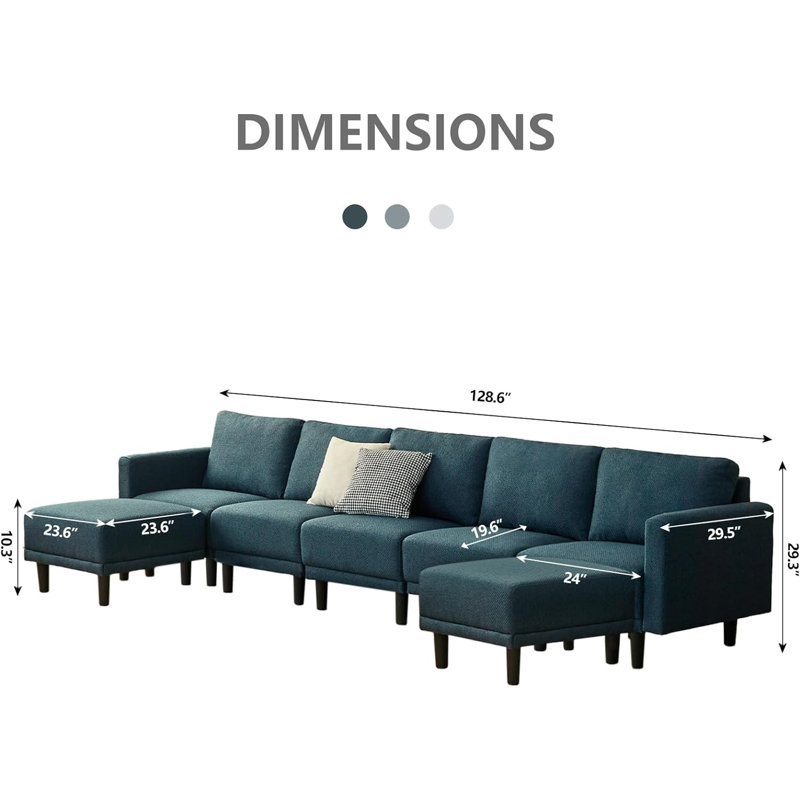 Canapé à accoudoirs carrés de 128,6 po Kacyn, Lin bleu marine, H 29,3 po x l 104,6 po x P 29,5 po