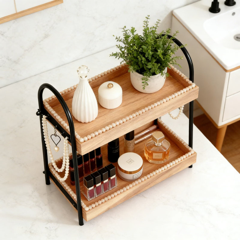 Organisateur de parfum et de bijoux à 2 niveaux avec crochets, plateau de meuble-lavabo en bois pour comptoir de salle de bain, commode ou étagère de rangement pour maquillage et soin de la peau