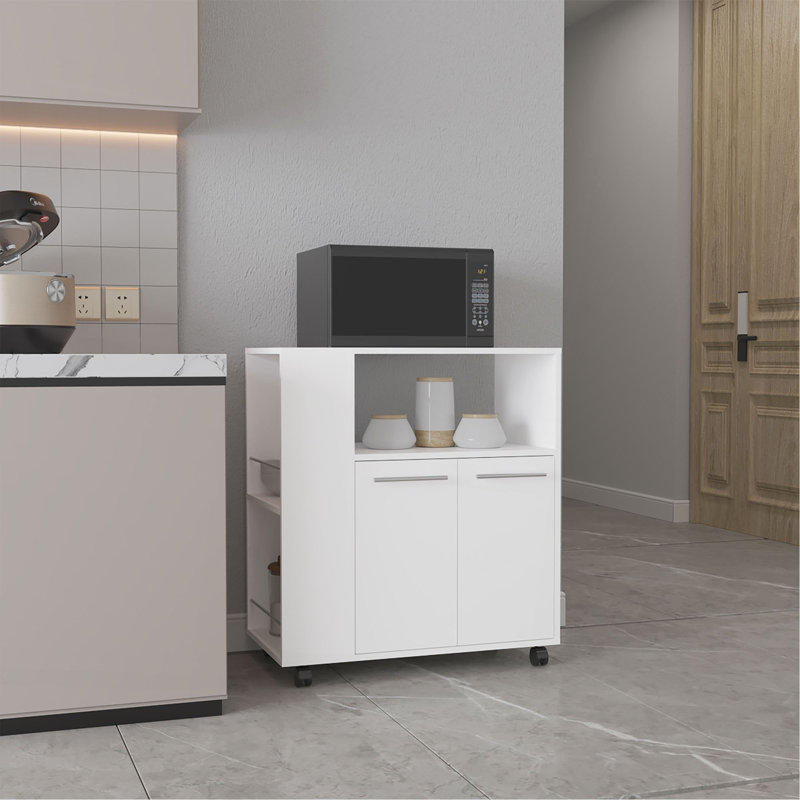 Chariot de cuisine, 2 portes, 3 tablettes, 4 roulettes, Blanc