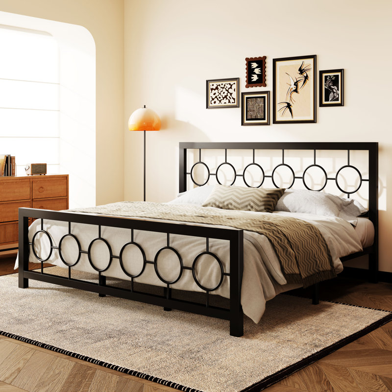 Lit plateforme vintage en métal Avren avec tête et pied de lit, design géométrique, sommier non requis, Très grand lit, Noir