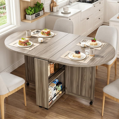 Folding Dining Table with Storage, Drop Leaf Kitchen Table with Wine Rack & Drawer, Rolling Folding Table with Lockable Wheels for Small Spaces, Apartment & Dining Room