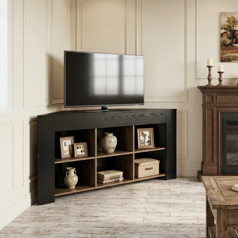 Meuble télé d'angle 59 po pour téléviseur de 65 po ou moins, console d'angle avec tablettes de rangement à 2 niveaux pour appartements