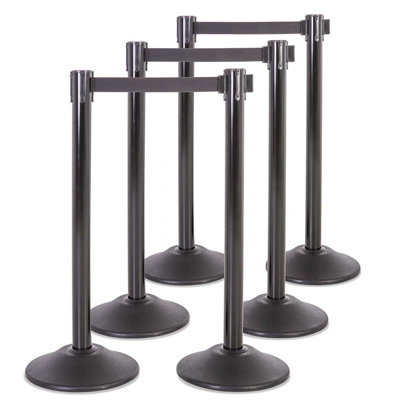 US Weight Heavy Duty Premium Black Steel Stanchion with Black 7.5-Foot Retractable Belt- 6PK
