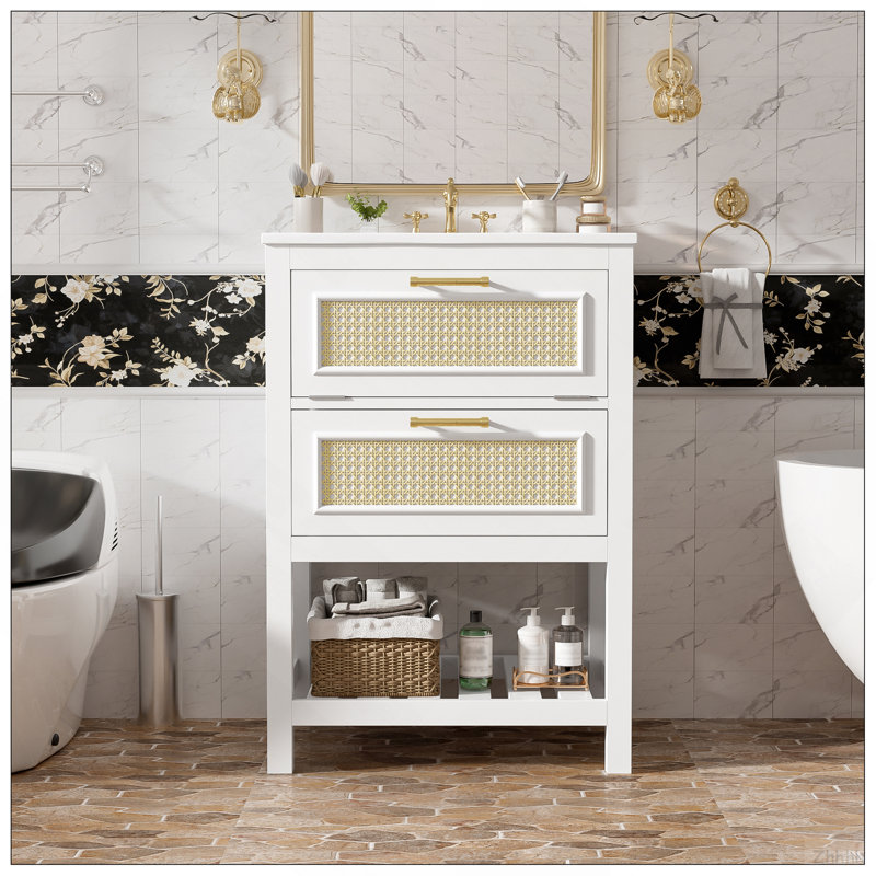 24" Bathroom Vanity With Integrated Ceramic Sink, Bathroom Cabinet With 1 Deep Drawer, 1 Tip-Out Drawer, Single Sink Bathroom Vanity For Small And Medium Restroom