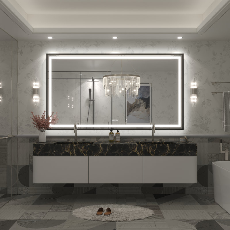 Molly Framelss or Framed LED Anti-Fog Tempered Glass Wall Bathroom Vanity Mirror - UL Certified, 72" x 40", Black