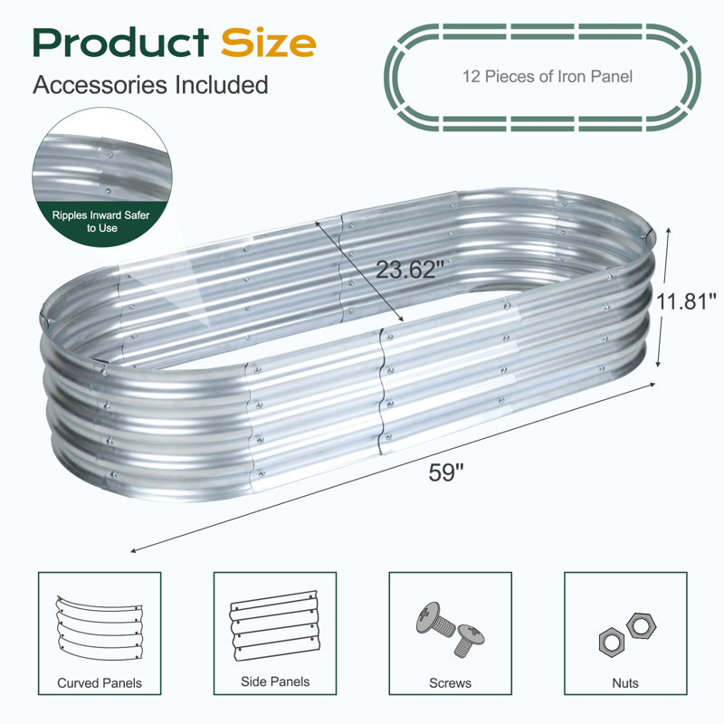 Galvanized Raised Garden Bed Silver, 11.81" H x 59" W x 23.62" D