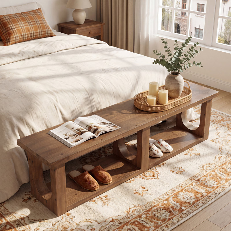 Upholstered Bench with Shelves