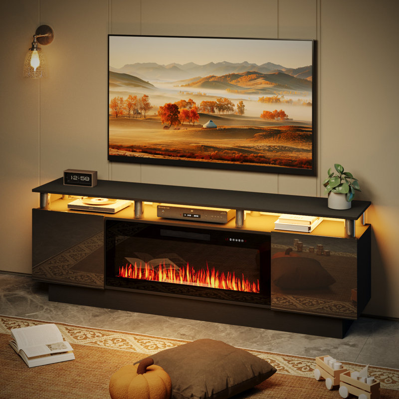 Meuble télé avec foyer électrique Alazik, Noir / argenté, Noir, 24”H x 14”L x 70”W
