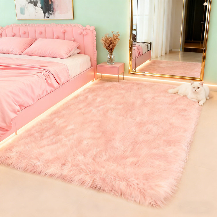 Lush Silky Pink Faux Sheepskin Living Room Rug