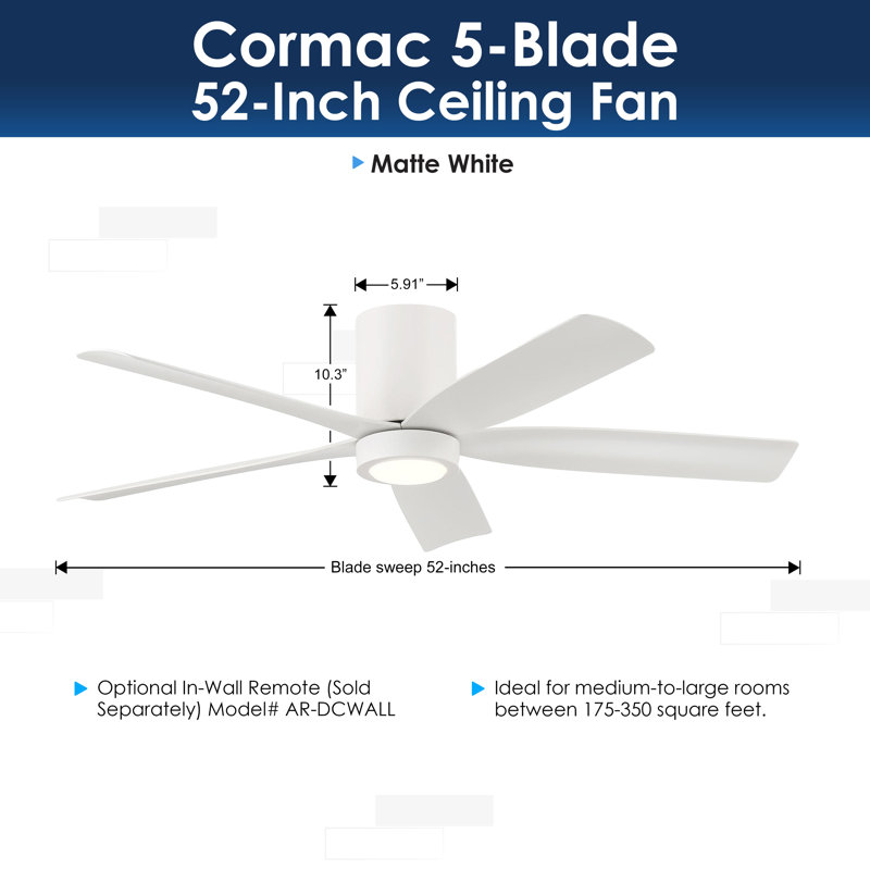 CORMAC 52 inch 5-Blade Hugger Ceiling Fan With Remote and Dimmable Light, Matte White