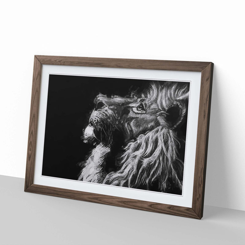 Majestic Lion Illustration in Abstract - Picture Frame Graphic Art Print, 40cm H x 60cm W x 2cm D, Walnut