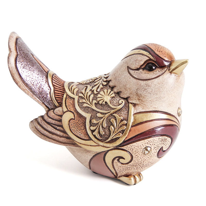Resin Bird Figurine with Golden Patterns and Crystal Accents