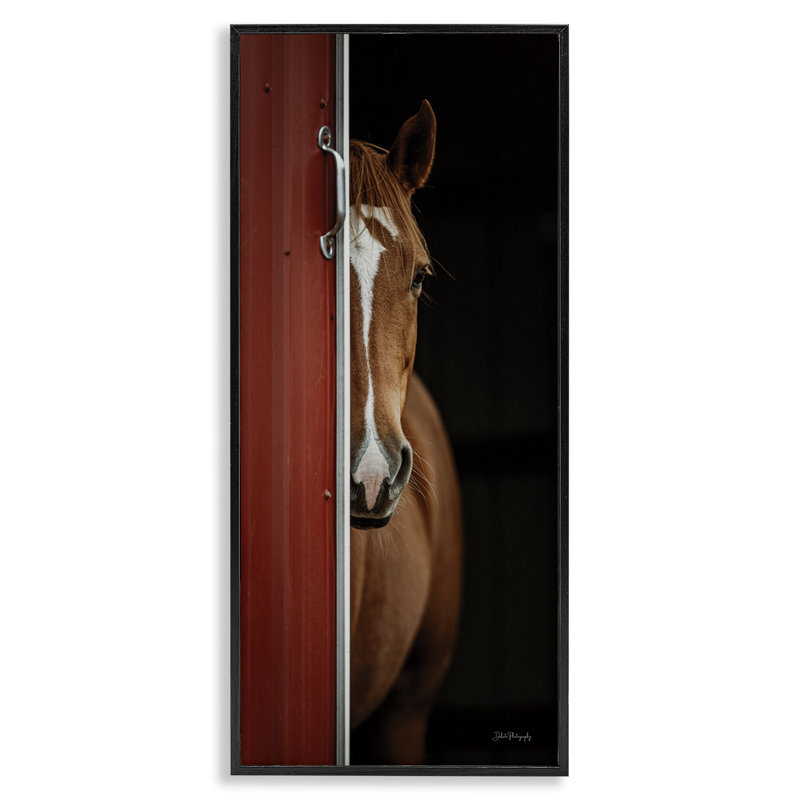 «Brown Stallion Peeking», estampe numérique par Dakota Diener, Giclée encadrée noir minuit, H 30 po x l 13 po