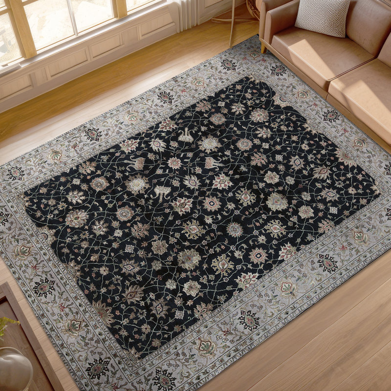 Tapis noir et beige noué à la main de haute qualité