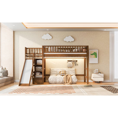 Twin Size Loft Bed with Storage Staircase, Slide and LED Light, Walnut