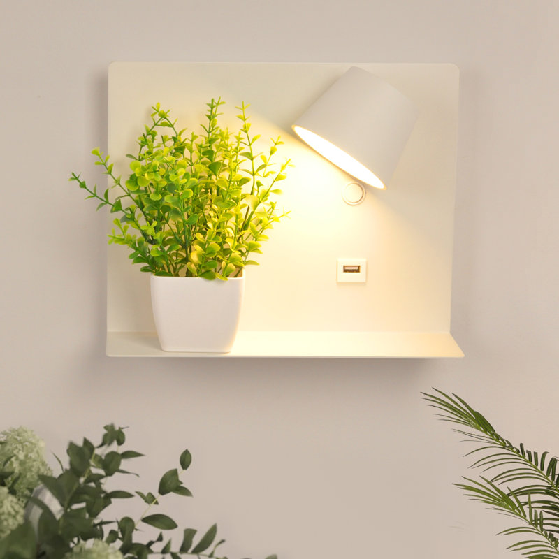 Appliques murales rotatives à bras pivotant à DEL avec port de charge USB et tablettes, blanc
