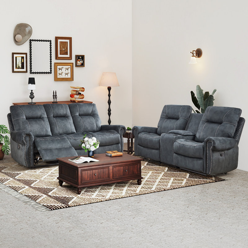 Manual Reclining Sofa And Loveseat Living Room Set With Classic Microfiber, Slate Blue