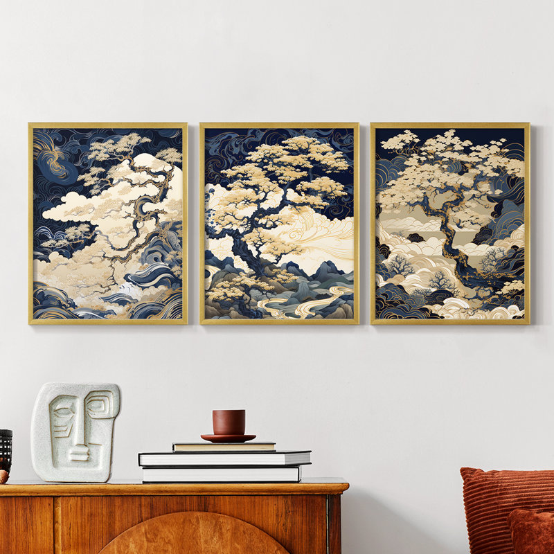 Lanscape Study Series XXXV - Ensemble de 3 estampes numériques giclées - Prêt à être accroché, H 10 po x l 8 po, Gold Framed