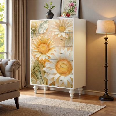 Armoire de rangement florale en bois massif à 5 tiroirs Floral