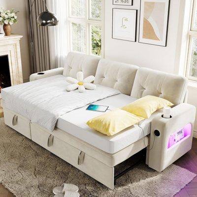 Canapé-lit modulaire avec rangement en L 84 po, DEL et chargement, beige