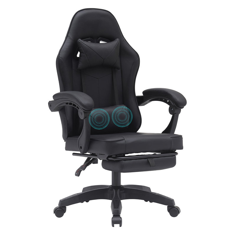 Reclining Ergonomic Faux Leather Swiveling PC & Racing Game Chair with Footrest, 46.46" H x 18.89" W x 19.92" D, Black