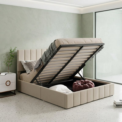 Grand lit de rangement rembourré avec levage hydraulique, cadre de lit plateforme moderne en lin avec tête de lit, support en bois de pin robuste, assemblage facile