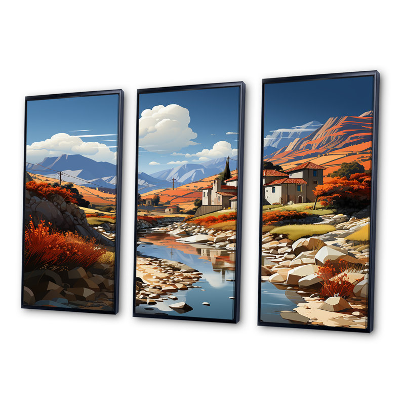 Bold Mediterranean Landscape - Cubism Wall Decor Set, Black Floater Framed, 32" H x 48" W x 1" D