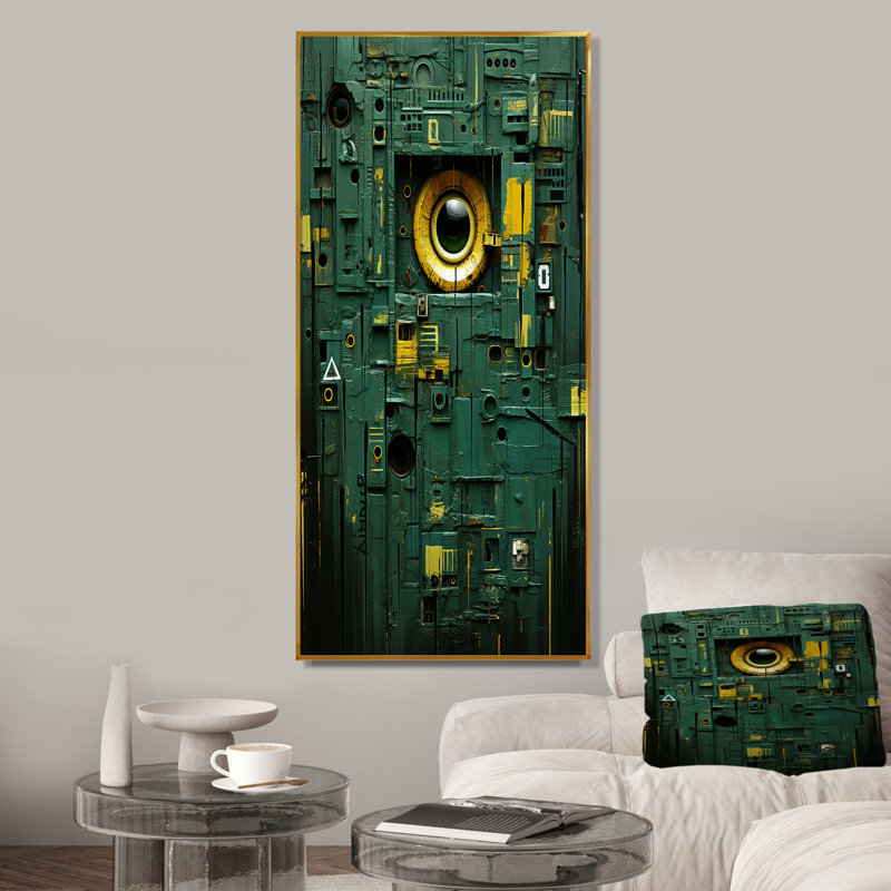 Masque de formes maya vertes abstraites IV - Art mural abstrait, Cadre flottant doré, H 60 po x l 28 po x P 1,5 po