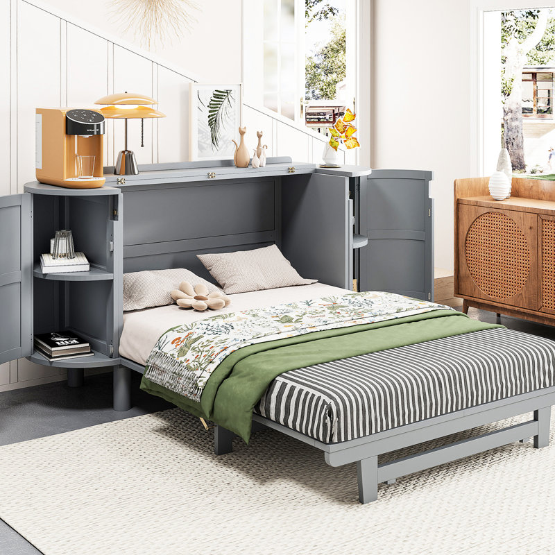 Lit double gris avec rangement dissimulé et look contemporain. Matelas pliable pour optimiser l'espace. Décoration tendance. Tablettes latérales intégrées. Et Scratch - Surface. Sélectionnez Blanc ou gris. L 76,4 po x