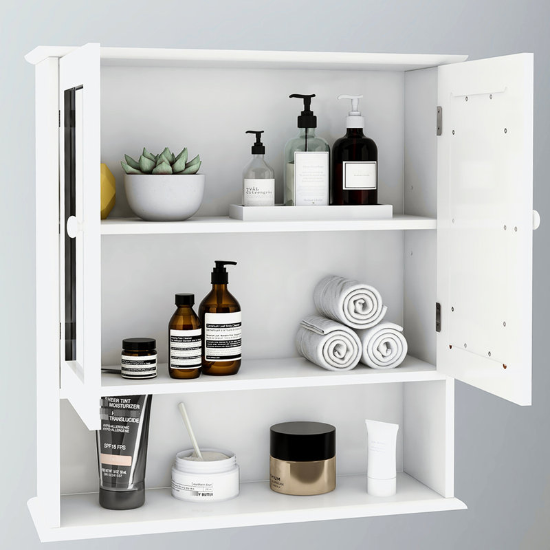 Élégante armoire murale de salle de bain avec portes à double miroir - tablettes réglables peintes en blanc pratiques et peu encombrantes Instructions d'assemblage incluses