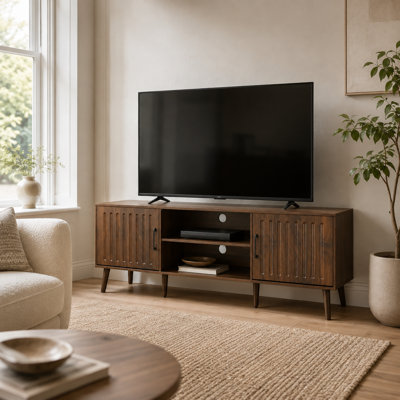 160cm Walnut TV Cabinet with Sculpted Doors & Open Shelves - Media Console, 6 Legs