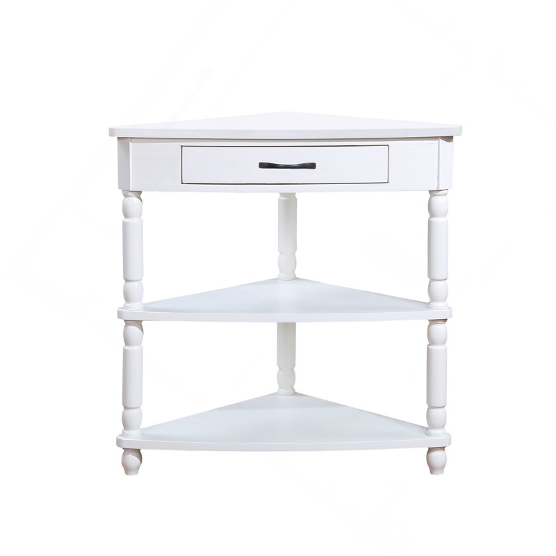 33.8" Small Triangle Corner Table, Wood Corner Side Table For Small Spaces/ Living Room, 3 Tier End Corner Table With Solid Wood Legs, Milk White